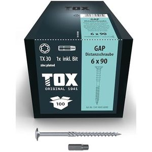 TOX Afstandsschroeven GAP 6,0 x 90 mm, afstandsschroef van verzinkt staal, op de millimeter nauwkeurige uitlijning van houten onderconstructies, TX30, 100 stuks in doos, incl. 1x bit, 114140416090