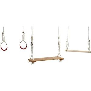 Idena 40193 - Turkse schommelset van hout met plankschommel, trapezium en ringen, voor kinderen vanaf 3 jaar, met verstelbare touwen en stalen ringen, draagkracht tot 50 kg, voor zorgeloos turnplezier