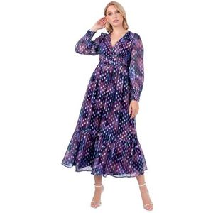 Lovedrobe Dames Midaxi Jurk Dames V-hals Lange Mouw Gelaagde Hemline Empire A-lijn Chiffon Faux Knopen Avond Gelegenheid, Paars 10, Paars, 36