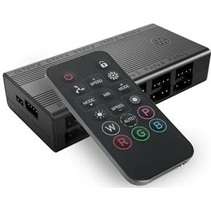 Mars Gaming MF-HUB, PWM-Ventilatorcontroller-Hub, Snelheidsregeling tot 10x Ventilatoren en ARGB-Verlichting tot 10x Apparaten, Afstandsbediening, Volledige ARGB-Compatibiliteit, Zwart