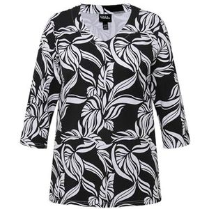 Ulla Popken, Dames, grote maten, shirt met V-hals en bladprint, zwart, 46/48 NL