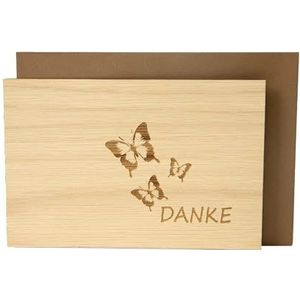 Originele houten wenskaart - DANKE, motief vlinders - 100% handgemaakt in Oostenrijk, van eikenhout gemaakte bedankkaart, wenskaart, vouwkaart, ansichtkaart, verjaardagskaart