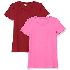 Amazon Essentials Women's T-shirt met korte mouwen en ronde hals in klassieke pasvorm, Pack of 2, Bordeauxrood/Roze, S