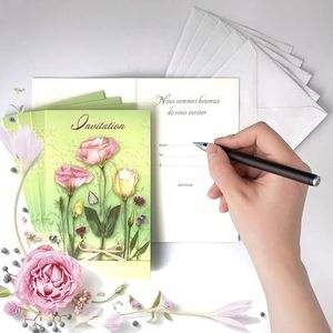 Set van 5 uitnodigingskaarten landelijke bloemen roze bloemen met 5 witte enveloppen 9 x 14 cm – tekst Wij zijn blij om je uit te nodigen om... de (datum) op (tijd) adres - feest, verjaardag vrouw -