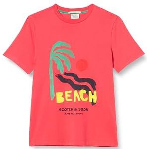 Scotch & Soda Dames Regular Fit Front Artwork T-shirt, Fiery Rose 6871, XL