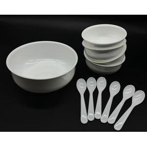 Kimmel Kom Set 11-delig kleur wit, 1 kom 17 cm + 4 compoteschalen 10 cm met lepel dessertkom partyservies kinderservies campingservies plastic servies kunstservies