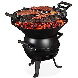 Relaxdays houtskool barbecue, gietijzer en staal, hoogte verstelbaar, draagbaar, bbq compact, rooster Ø 35 cm, zwart
