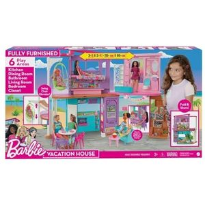 Barbie Malibu Huis - Opvouwbaar poppenhuis van 2 verdiepingen met 6 kamers en meubels, inclusief 30 accessoires - Vanaf 3 jaar - HCD50