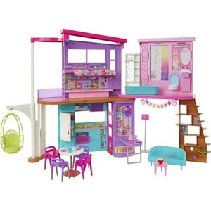 Barbie Malibu Huis - Opvouwbaar poppenhuis van 2 verdiepingen met 6 kamers en meubels, inclusief 30 accessoires - Vanaf 3 jaar - HCD50