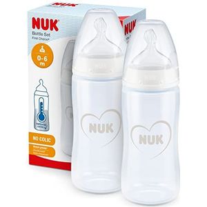 NUK First Choice+ Twin Set met temperatuurregeling, geschikt voor kaakzuiger, 2 x 300 ml flessen, BPA-vrij, 0-6 maanden, hartmotief (wit)