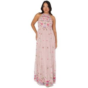 Maya Deluxe Maxi-jurk voor dames, mouwloze halterhals, gelaagde bloemenborduurde, A-lijn voor bruiloft, gast, avondbaljurk, Frosted Roze, 40