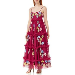 Maya Deluxe Midi-jurk voor dames, mouwloos, geborduurde ruches, ruches, jurk voor bruiloft, gast, bruidsmeisje, bal, gelegenheid, Wijn, 42