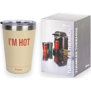 Fisura – Originele thermosbeker ""I'm hot"". Thermosbeker voor koffie om mee te nemen, beige. Koffiekopje 310 ml. Thermische roestvrijstalen beker. BPA-vrij. Autobeker.