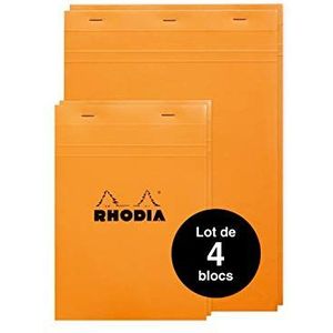RHODIA 16800Amzc - Set van 4 oranje geniete notitieblokken 2 blokken nr. 18 21 x 29,7 cm + 2 blokken nr. 16 14,8 x 21 cm - kleine ruitjes - 80 afneembare vellen - wit Clairefontaine papier 80 g/m²