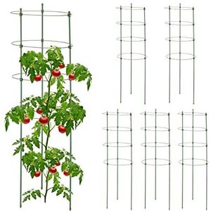 Relaxdays plantensteun set van 6, tomatensteun, rankhulp voor klimplanten, 90 cm hoog, 4 verstelbare ringen, groen