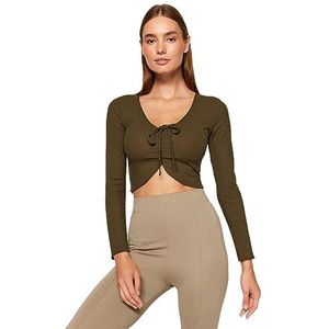 Trendyol Vrouwen Slanke Bodycon V-hals Gebreide Blouse, Donkere Kaki, M