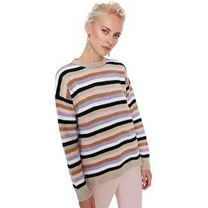 Trendyol Vrouwen Crew Neck Gestreepte Oversized Sweater Sweatshirt, Beige, L