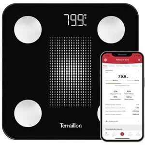 TERRAILLON - WEIGHT CONNECT - Bluetooth Smart Weegschaal, analyse van vet-, spier-, water- en botmassa's, BMI, capaciteit 180 kg, schaal 50 g, led-display, glasplaat, zwart