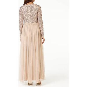 Maya Deluxe Damesjurk voor bruiloften, V-hals, hoge taille, maxi-jurk, lange avondjurk, bruidsmeisjesjurk, Taupe Blush, 50