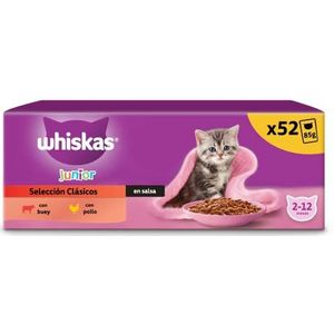 Whiskas Lekkere keuze in Sauce Junior 2-12 maanden, kattenvoer, natvoer, voorraad, verpakking met 13 verpakkingen van 4 zakken x 85 g (52 zakken in totaal)