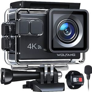 WOLFANG Action Cam GA100 4K 30FPS, 20MP WiFi PC Camera, Fotocamera per Casco, Subacquea 40M Impermeabile Videocamera, EIS, Telecomando2.4G, Mic Esterno,2x1050mAh Batterie e Accessori di Montaggio