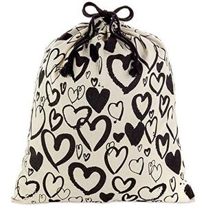 Hallmark 55,9 cm extra grote canvas tas met trekkoord (ivoor met zwarte harten) voor Valentijnsdag, bruiloften, bruidsdouches, jubileum en meer