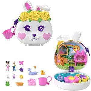 Polly Pocket Poppen en Speelset, Speelgoed met dieren, Bloementuin, compacte speelset met konijnenthema, waterpret en 2 van kleur veranderende onderdelen HKV36