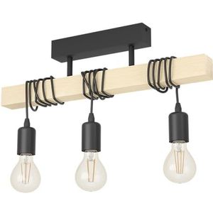 EGLO Townshend plafondlamp, 3-lichts vintage plafonnière in industrieel ontwerp, retro hanglamp van staal en hout, zwart, bruin, FSC gecertificeerd, E27 fitting