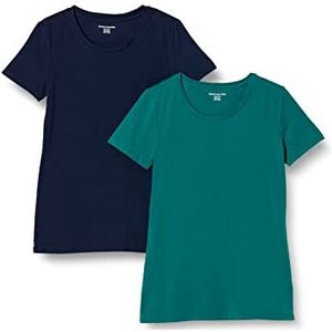 Amazon Essentials Women's T-shirt met korte mouwen en ronde hals in klassieke pasvorm, Pack of 2, Donkergroen/Marineblauw, XS
