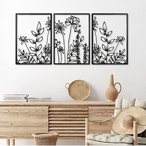 Therwen 3 stuks zwart metalen muurkunst minimalistische wanddecoratie voor slaapkamer bloemen wanddecoratie hangende bloem badkamer muurkunst bloemenlijn muursculptuur keukendecoratie 40 x 29 cm