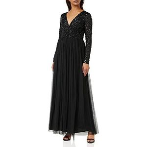 Maya Deluxe Maxi-jurk voor dames, lange mouwen, V-hals, diepe pailletten, verfraaid voor bruiloft, gast, bruidsmeisje, gala, Zwart, 38