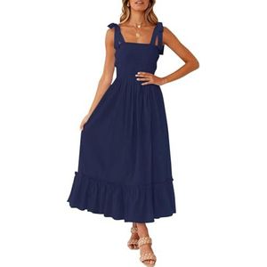 ZESICA Women's 2025 Summer Boho Spaghetti Strap Square Neck Solid Color Ruffle A Line Beach Long Maxi Dress,Navy,Large