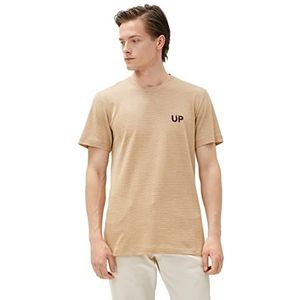 Koton Heren gestreept linnen Blend T-shirt met korte mouwen en ronde hals, beige (052), M