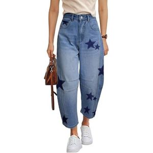 Barrel Jeans for Women Baggy Star Printed Horseshoe Jeans Mid Rise Wide Leg Cropped Ankle Denim Pants Blue