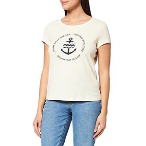 TOM TAILOR Denim Dames T-shirt met logoprint van duurzaam katoen 1031478, 22515 - Soft Creme Beige, M