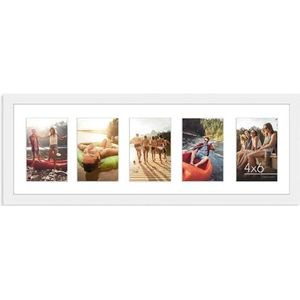 Americanflat 8x24 Collage fotolijst met vijf 4x6 displays in wit - composiet hout met breekbestendig glas - horizontale en verticale formaten voor muur