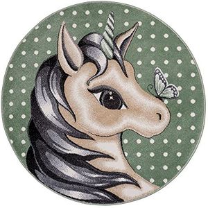 Hanse Home Design kindertapijt Cute Unicorn (80 cm, rond, zachte pool, krachtige kleuren, ideaal voor kinderkamer, speelonderlegger, duurzaam en onderhoudsvriendelijk, groen, pastelkleurig