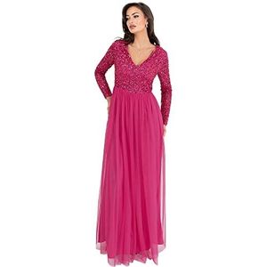 Maya Deluxe Damesjurk met mouwen voor bruiloftsgast, V-hals, hoge empire-taille, maxi, lange lengte, avondfeest, bruidsmeisje, gala, Fuchsia, 38