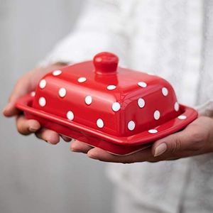 City to Cottage Rood en Wit | Polka Dot Stippen | Handgemaakte Handgeschilderde Keramische Overdekte Botervloot Met Deksel