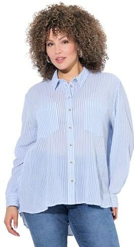 Ulla Popken - Blouse - Lichtblauw/Wit - Klassieke Blouse - Lange Mouw