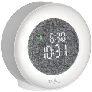 TFA Dostmann Digitale lichtwekker met LED-cijfers, 60.2047, nachtlampje & weklampje, met datumweergave, stoffen hoes, werkt op netstroom, wekker met snooze-functie, wit