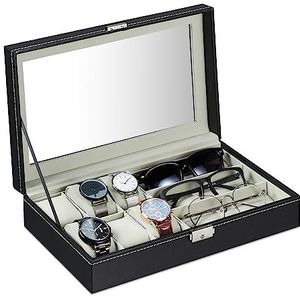 Relaxdays sieradendoos, sieradenkistje voor 3 brillen, 6 horloges & sieraden, HxBxD: 8 x 33 x 20 cm, nepleer, zwart