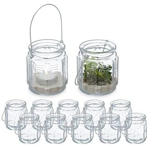 Relaxdays Windlicht set van 12 - Zilveren Hengsel - Waxinelichthouder - Transparant - Glas