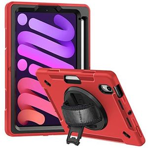 Beschermhoes voor iPad Mini 6, 8,3 inch, robuust, met 360 graden draaibare standaard, polsband en penhouder - rood