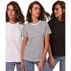 Trendyol Dames 3's Pakket 100% Katoen Ronde Halsband Basic gebreid T-shirt, Multi Color, Medium