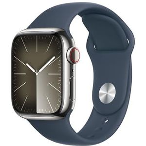 Apple Watch Series 9 (GPS + Cellular 45 mm) Smartwatch - Kast van zilverkleurig roestvrij staal - Stormblauw sportbandje S/M. Conditie bijhouden, Saturatie-app en Ecg-app, Always-on Retina-display