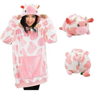 Plushible Wearable Deken, Deken Hoodies voor volwassen vrouwen, mannen, tieners en kinderen, oversized, gezellig, comfortabel en comfortabel sweatshirt met capuchon met gigantische zak en mouwen, aardbeienkoe (volwassene), één maat
