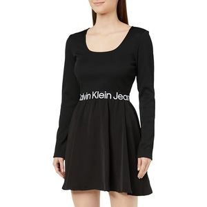 Calvin Klein Jeans Dameslogo elastische jurk met lange mouwen Fit & Flare, zwart, S