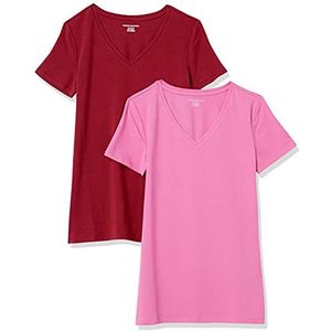 Amazon Essentials Women's T-shirt met korte mouwen en V-hals in klassieke pasvorm, Pack of 2, Bordeauxrood/Roze, XL