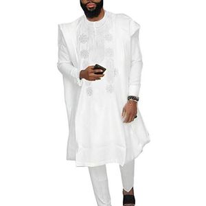 HD Afrikaanse Heren Kleding Agbada Kleding Borduurwerk Dashiki Shirts en Broek Outfits 3 Stuks, Wit, 3XL